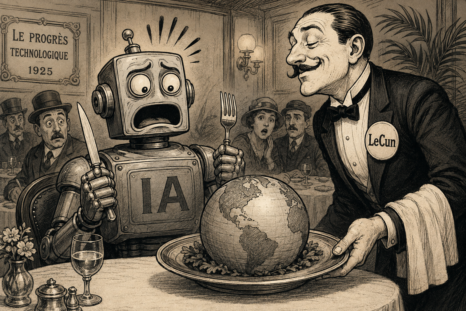Caricatura de una IA ante un globo terráqueo servido como plato