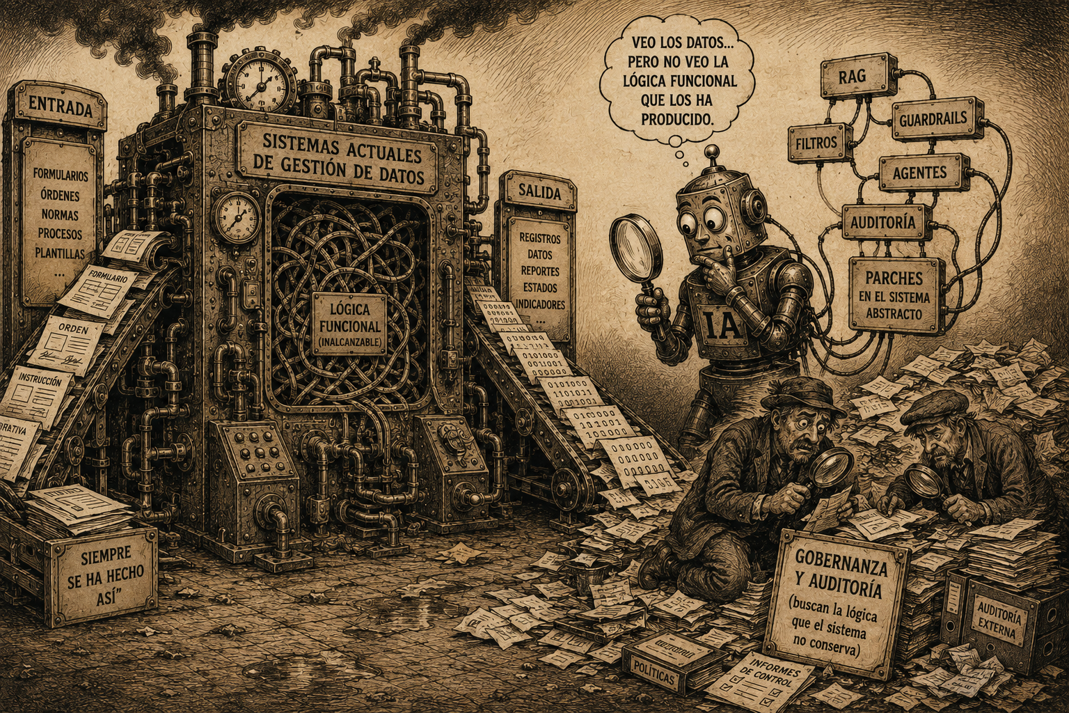 Caricatura de una máquina burocrática que oculta su lógica funcional mientras la IA observa los datos producidos